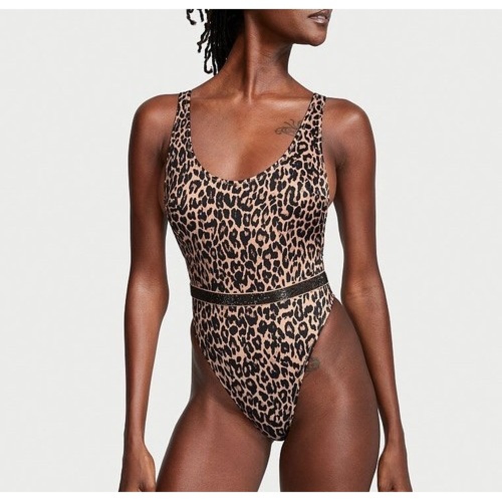 NWOT Victoria's Secret Leopard Print Rhinestone Belt One Piece Swimsuit Sz Mes‎